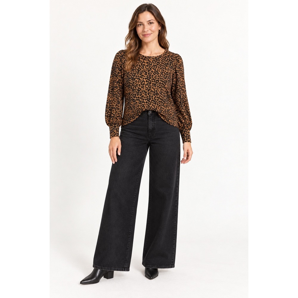 LOFT Women's M Leopard Print Puff Sleeve Cotton Pullover Sweatshirt Top